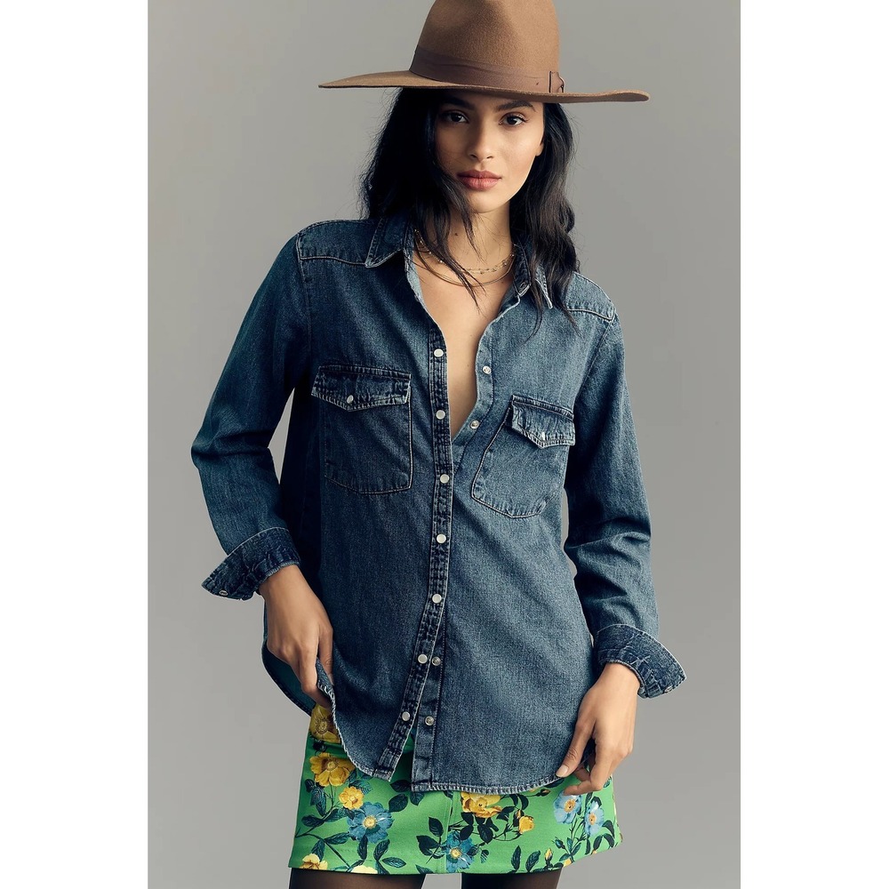 Anthropologie PILCRO Dannie Classic Denim Shirt Western Snap Puff Sleeve XXS